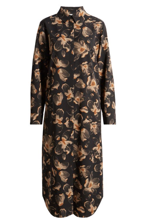 Shop Nordstrom Long Sleeve Satin Midi Shirtdress In Black- Tan Carbon Floral