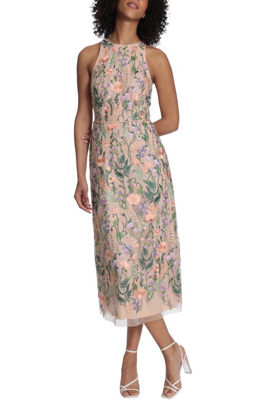 Maggy London Embroidered Floral Halter Neck Dress In Red/ Pink Multi