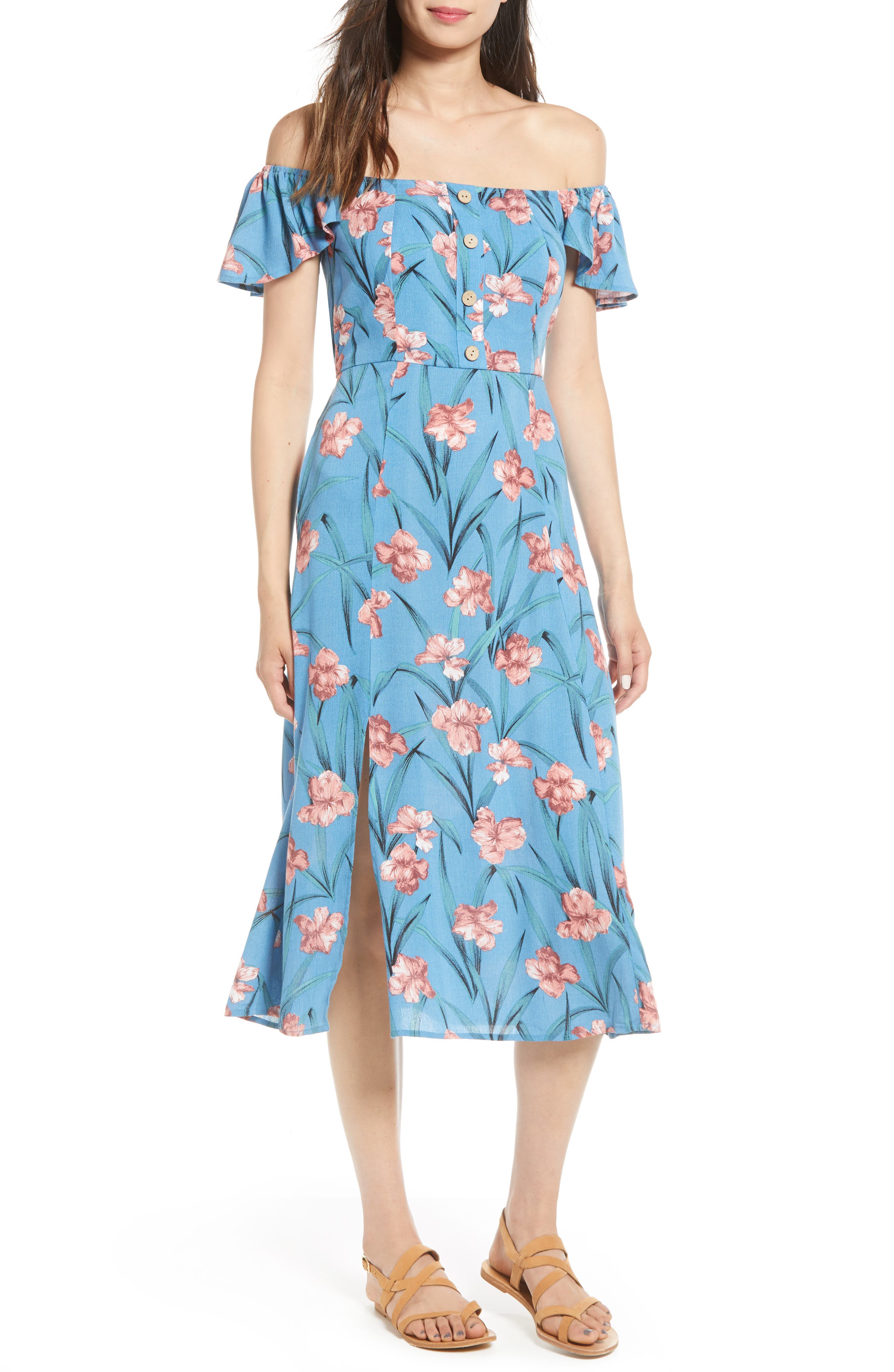 Band Of Gypsies Floral Off The Shoulder Midi Dress, Blue