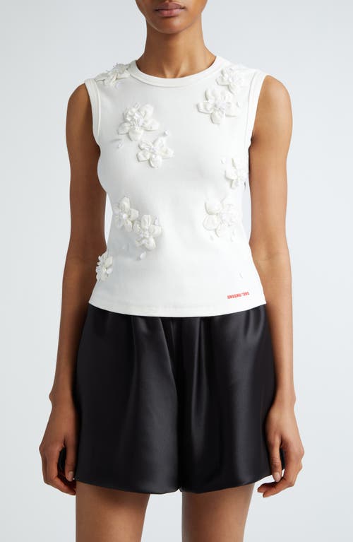 Flower Embellished Stretch Tank in White