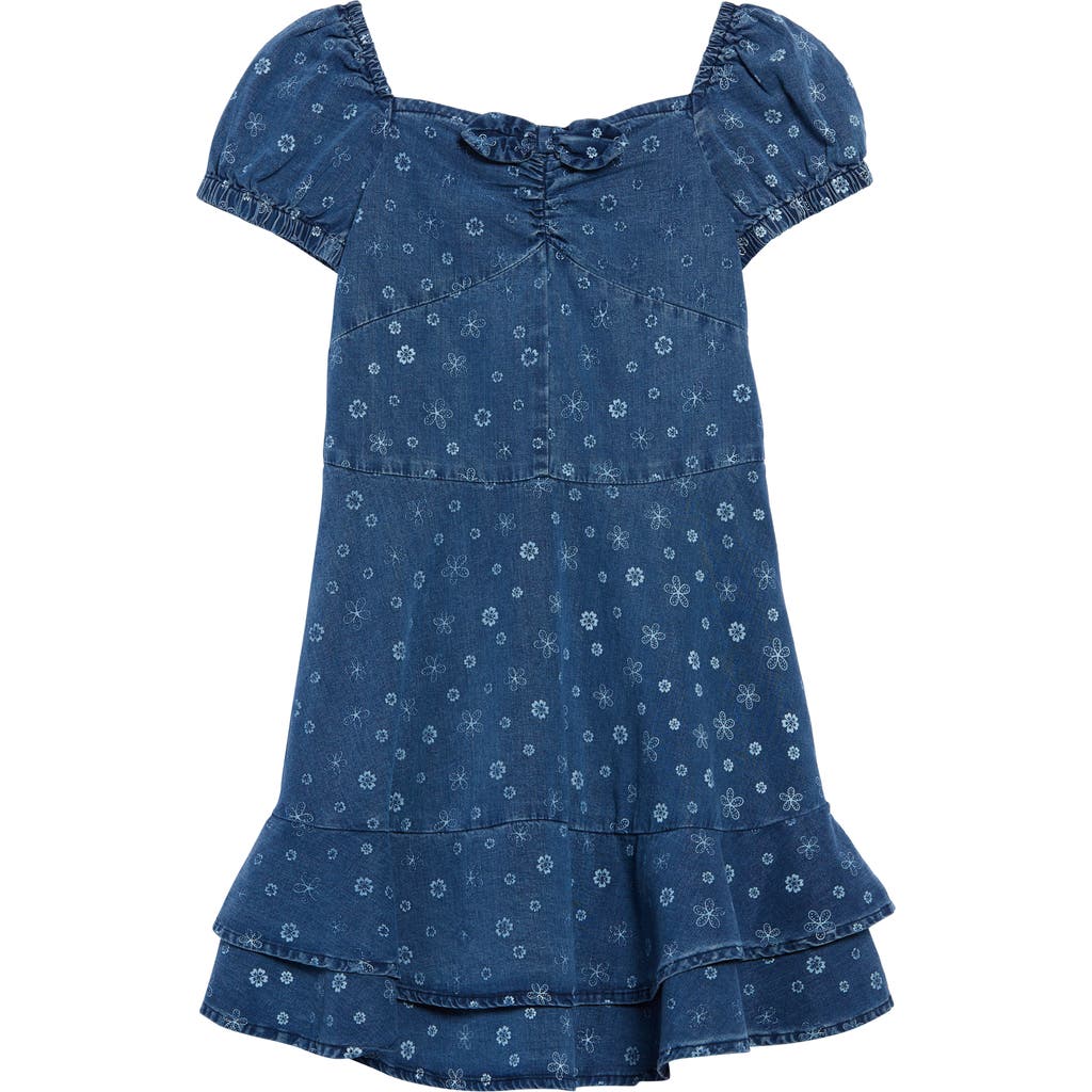 Bcbg Kids' Floral Puff Sleeve Chambray Dress In Blue