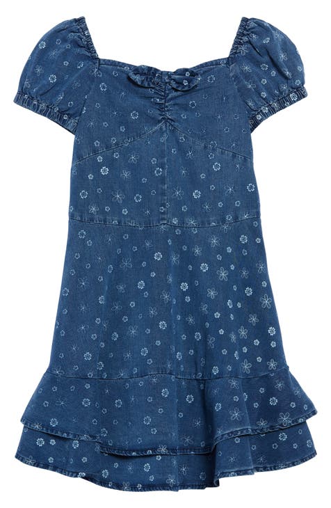 Kids' Floral Puff Sleeve Chambray Dress (Toddler & Little Kid)