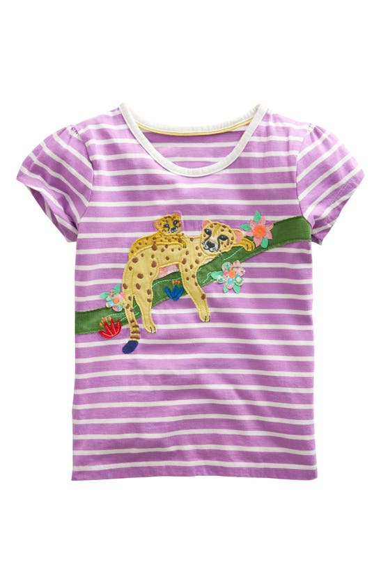 Mini Boden Kids' Stripe Appliqué Leopard Cotton Graphic T-shirt In Lupin Purple/ Ivory Leopards