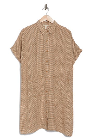 Eileen Fisher Check Print Linen Blend Shirtdress In Bronze