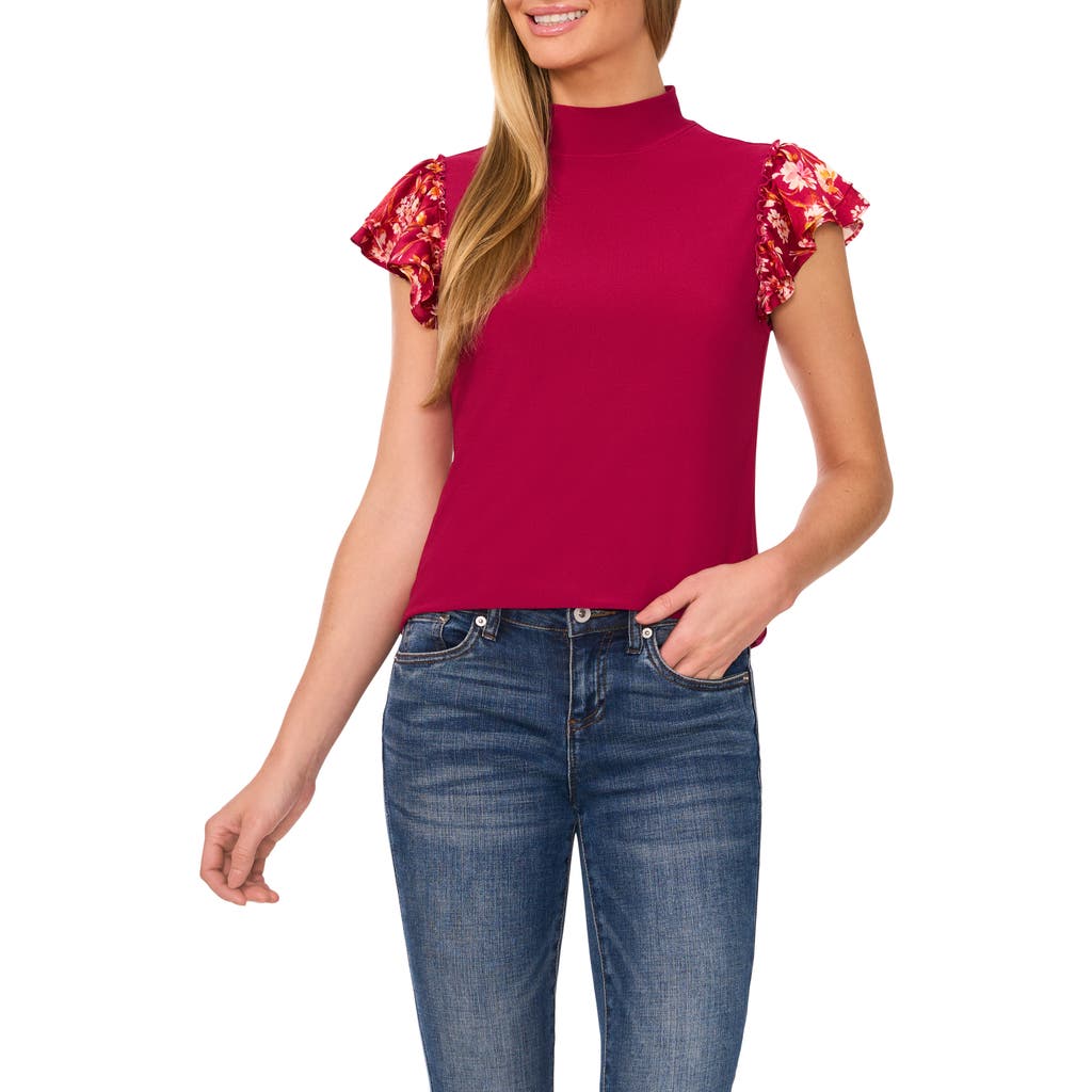 Cece Floral Print Double Ruffle Mixed Media Top In Deep Sangria Burgundy