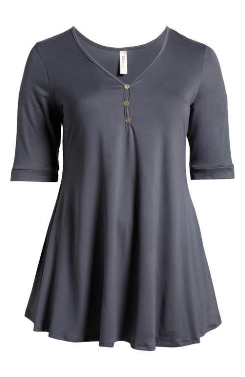 24seven Comfort Apparel Short Sleeve Tunic Top With Button Detail In Charcoal