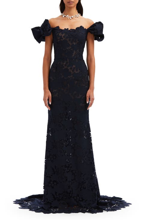 Botanical Off the Shoulder Guipure Lace Gown with Train