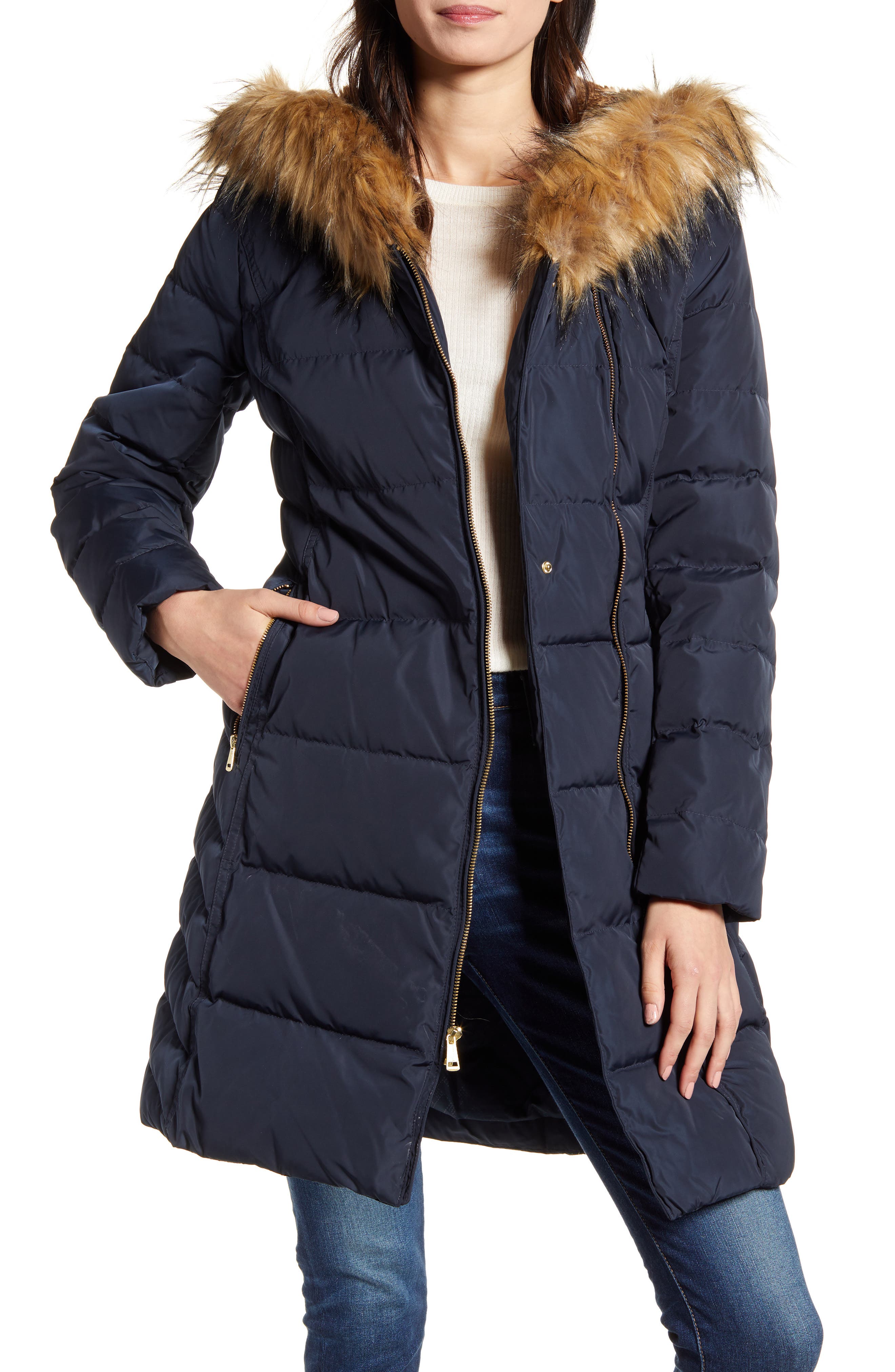 COLE HAAN Feather Down Puffer Jacket with Faux Fur & Cash Back