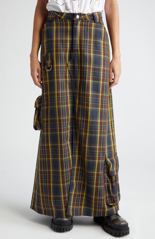 Stomp Plaid Cotton Flannel Cargo Maxi Skirt in Navy Lime Plaid