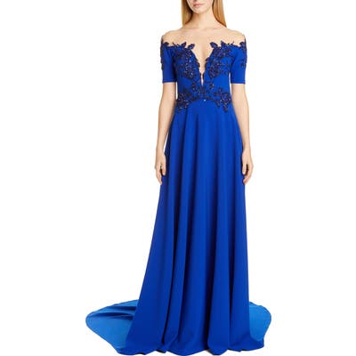 Pamella Roland Beaded Illusion Bodice Stretch Crepe Gown, Blue