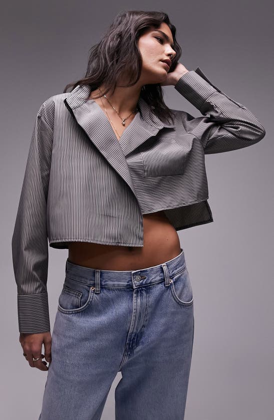 Shop Topshop Asymmetric Stripe Crop Button-up Shirt In Black Multi