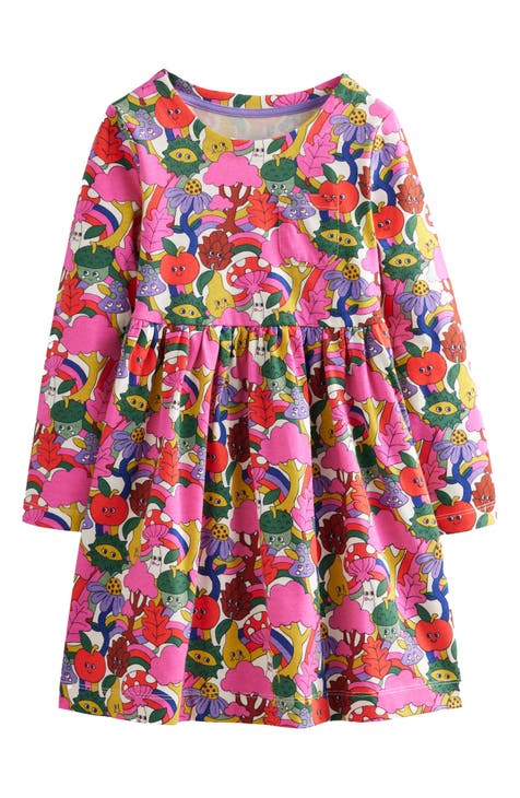 Kids' Fun Print Long Sleeve Cotton Jersey Dress (Toddler, Little Kid & Big Kid)