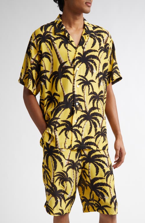 ENDLESS JOY Palm Print Button-Up Shirt in Yellow 