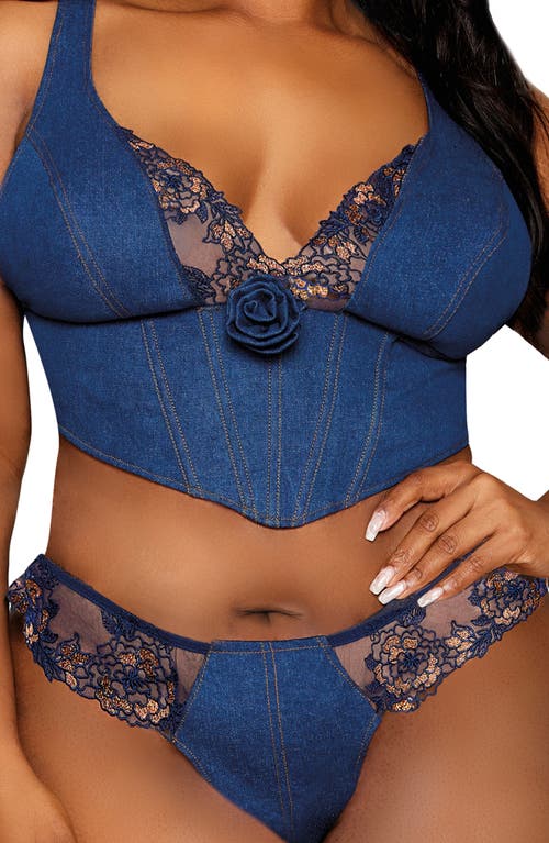 DREAMGIRL DREAMGIRL EMBROIDERED TRIM DENIM BUSTIER & THONG 