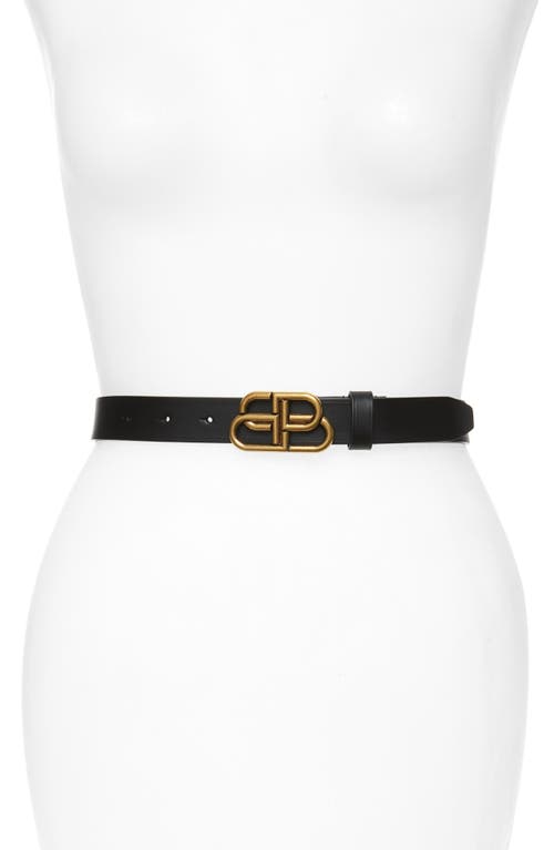 Shop Balenciaga Logo Buckle Slim Leather Belt In Black/gold