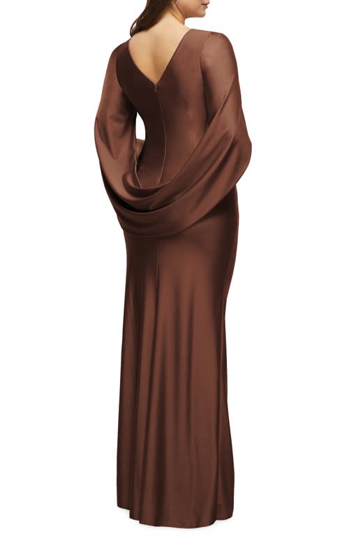 Shop After Six Cape Sleeve Satin Gown In Cognac