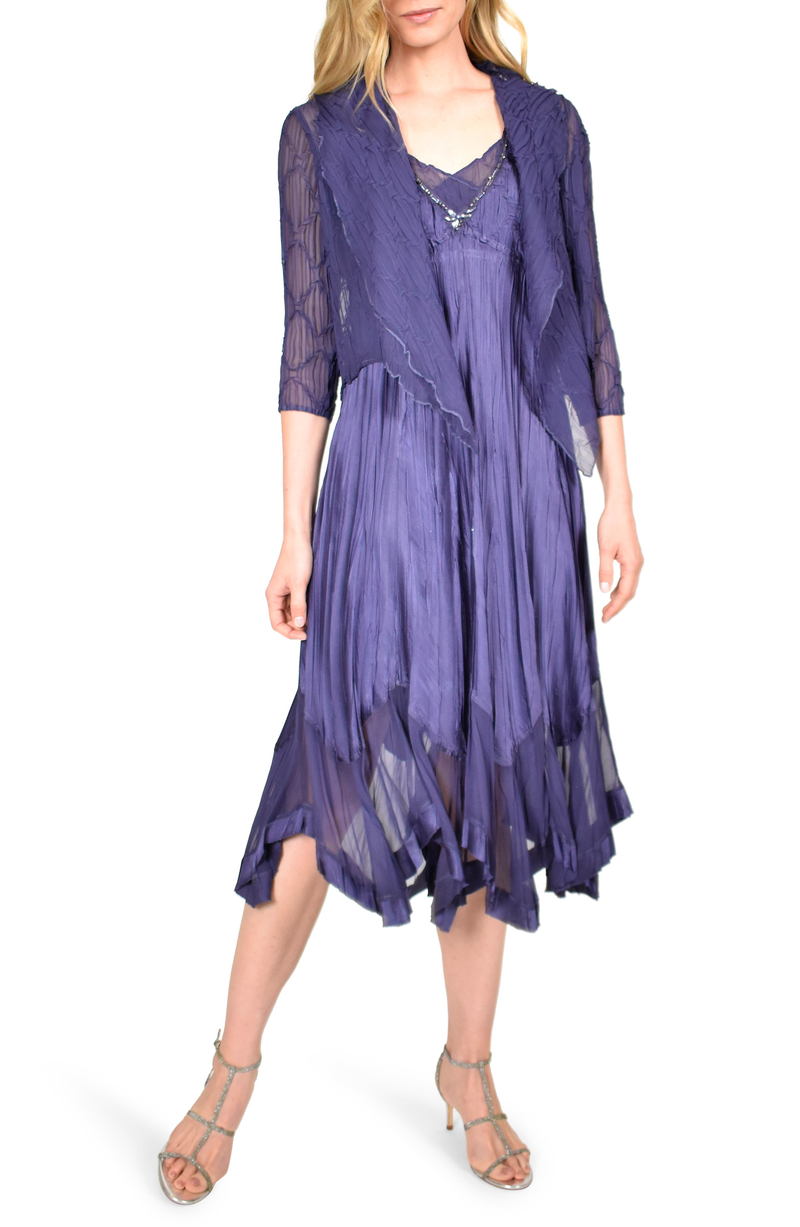 Komarov Beaded Neck Charmeuse Midi Dress With Chiffon Jacket