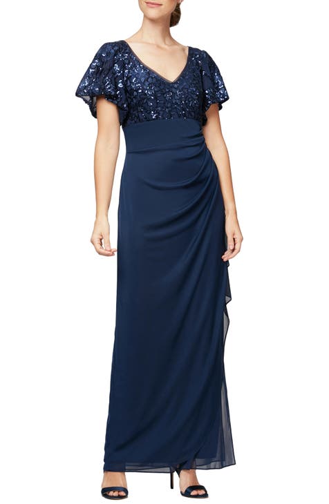 Sequin Lace & Ruched Chiffon Gown