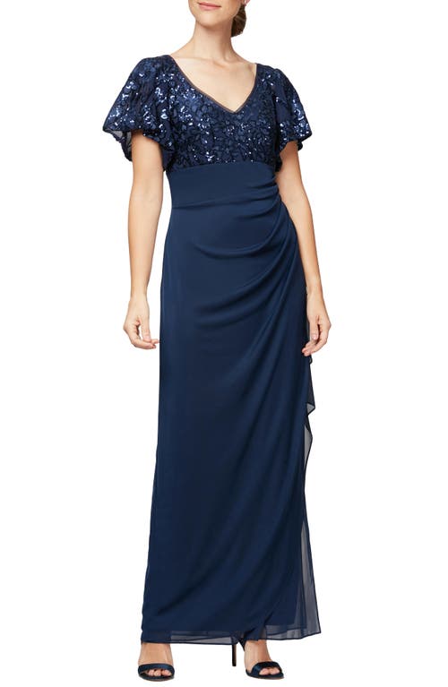 Sequin Lace & Ruched Chiffon Gown in Navy