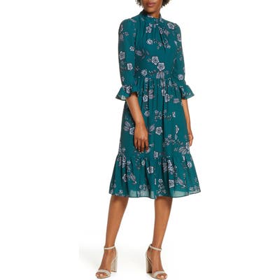 Eliza J Mock Neck Crepe Fit & Flare Dress, Green