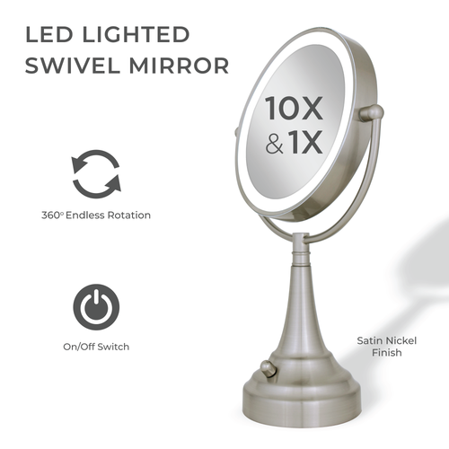Zadro Lighted Makeup Mirror With 10x/1x Magnification, Battery & Cordless In Satin Nickel