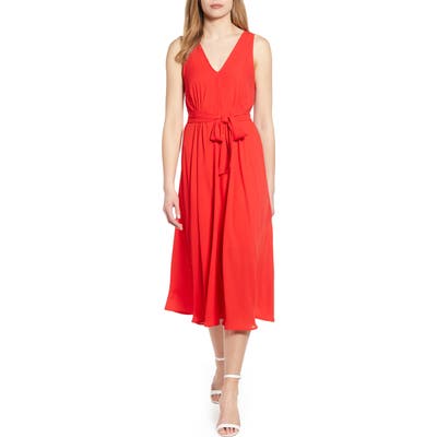 Bobeau Riley V-Neck Pleat Dress, Red