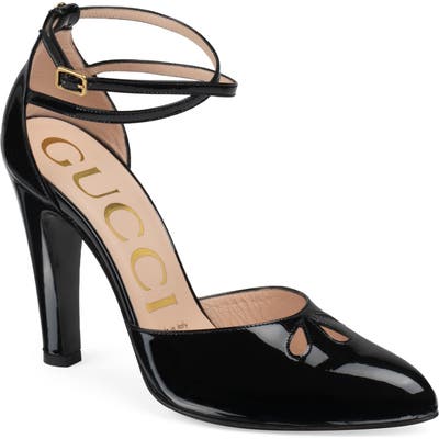 Gucci Indya Ankle Strap Cutout Pointed Toe Pump - Black