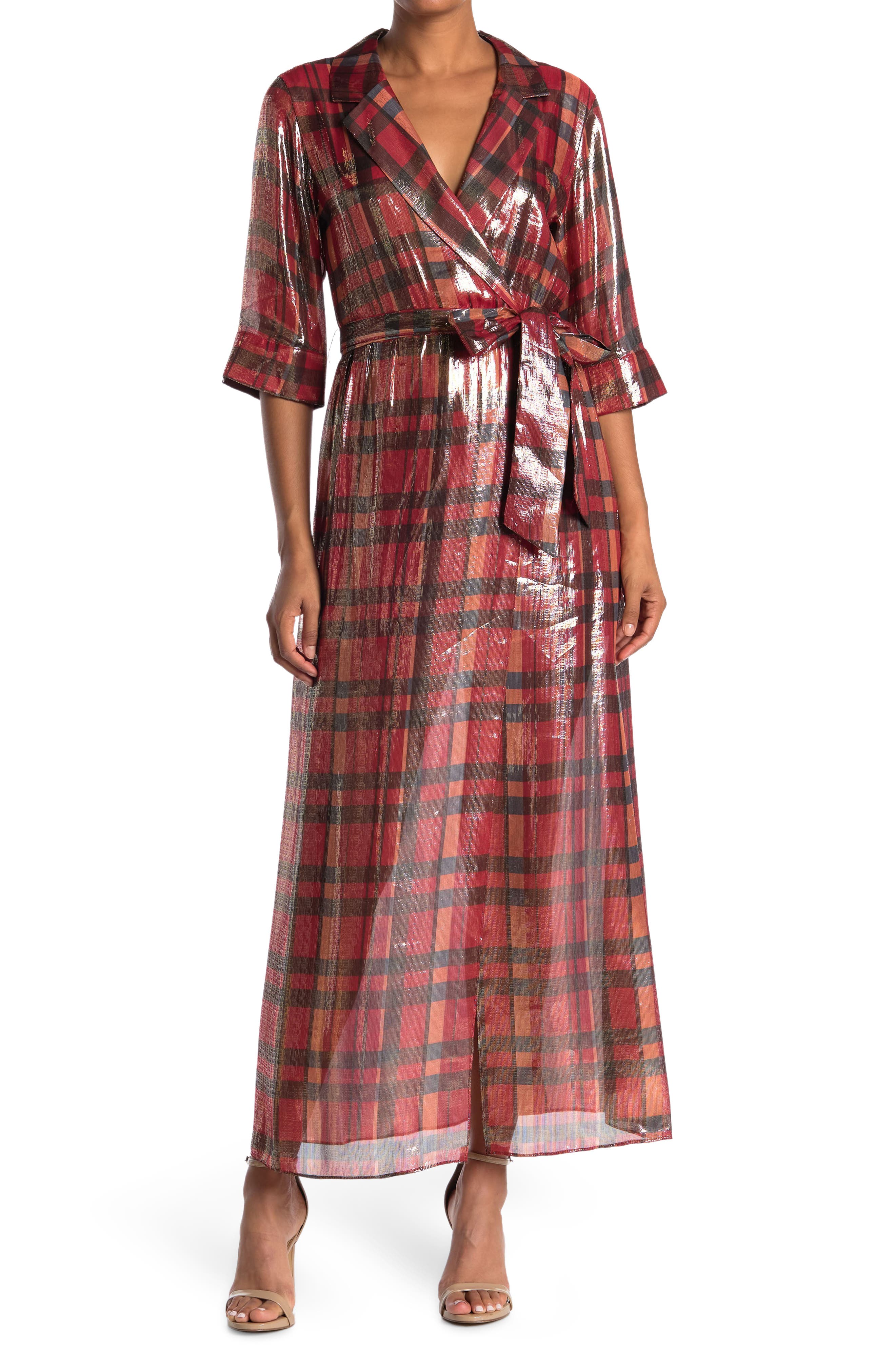 Alice And Olivia Alice & Olivia Shimmer Plaid Belted Silk Blend Maxi Dress In Windowpane Plaid-ruby