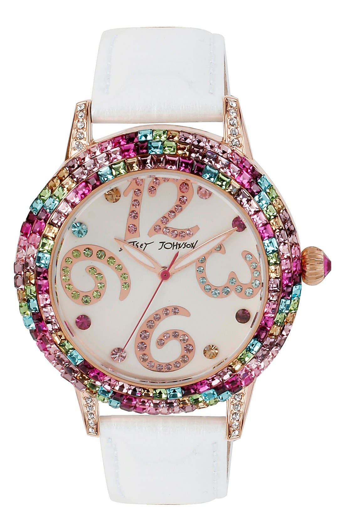 Betsey Johnson Rainbow Crystal Bezel Leather Strap Watch 43mm Nordstrom   Da166f20 Dcf8 4fab 99e6 F5f094583572 