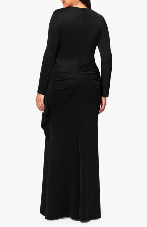 Xscape Evenings Side Ruffle Long Sleeve Scuba Gown In Black