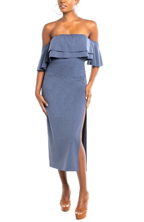 Dai Moda Smocked Waist Stretch Denim Midi Skirt in Blu