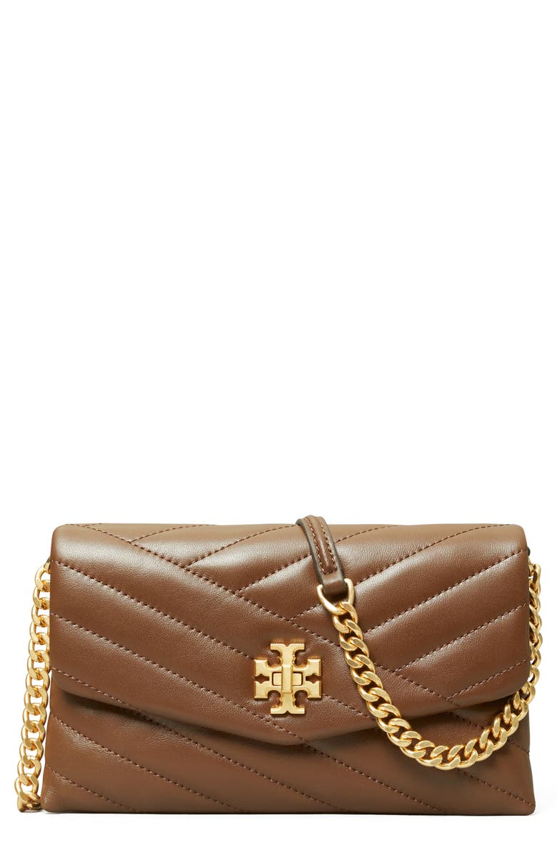 TORY BURCH Kira Chevron Quilted Leather Wallet on a Chain, Main, color, FUDGE / ROLLED BRASS