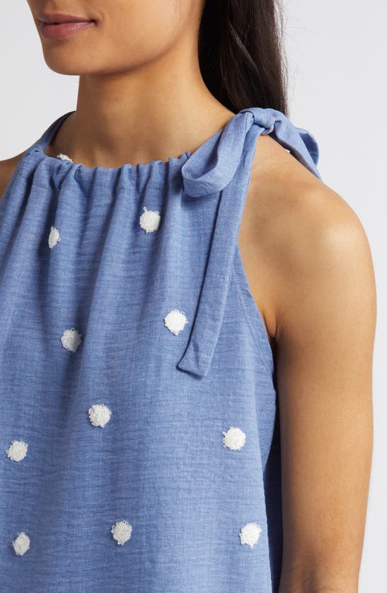Loveappella Tie Shoulder Sleeveless Top In Chambray
