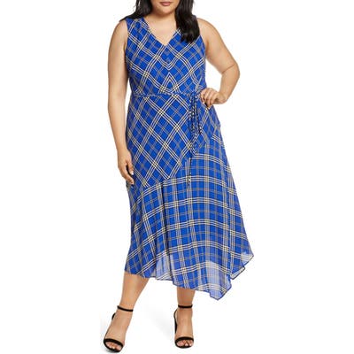Plus Size Vince Camuto Highland Plaid Asymmetrical Sleeveless Dress, Blue