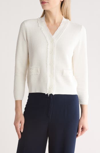 ADRIANNA PAPELL ADRIANNA PAPELL FRAYED WAFFLE KNIT CARDIGAN