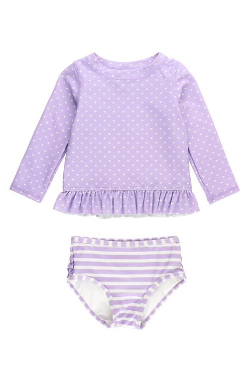 RuffleButts Kids' Heart Stripe Long Sleeve Two-Piece Swimsuit Purple at Nordstrom,