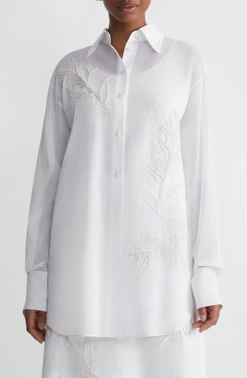 Lafayette 148 New York Floral Embroidered Oversize Cotton Button-Up Shirt White at Nordstrom,