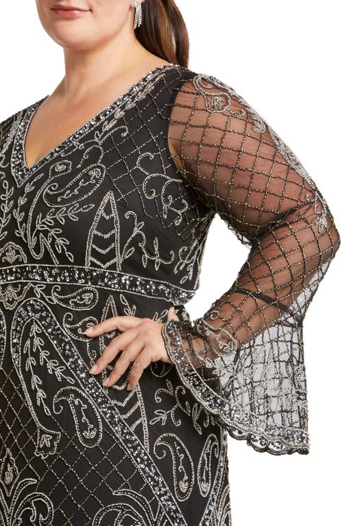 Shop Pisarro Nights Embellished Sheer Long Sleeve Gown In Black/silver