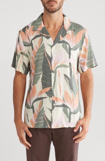 Shop Original Paperbacks Tropical Floral Print Camp Shirt In Cream/green