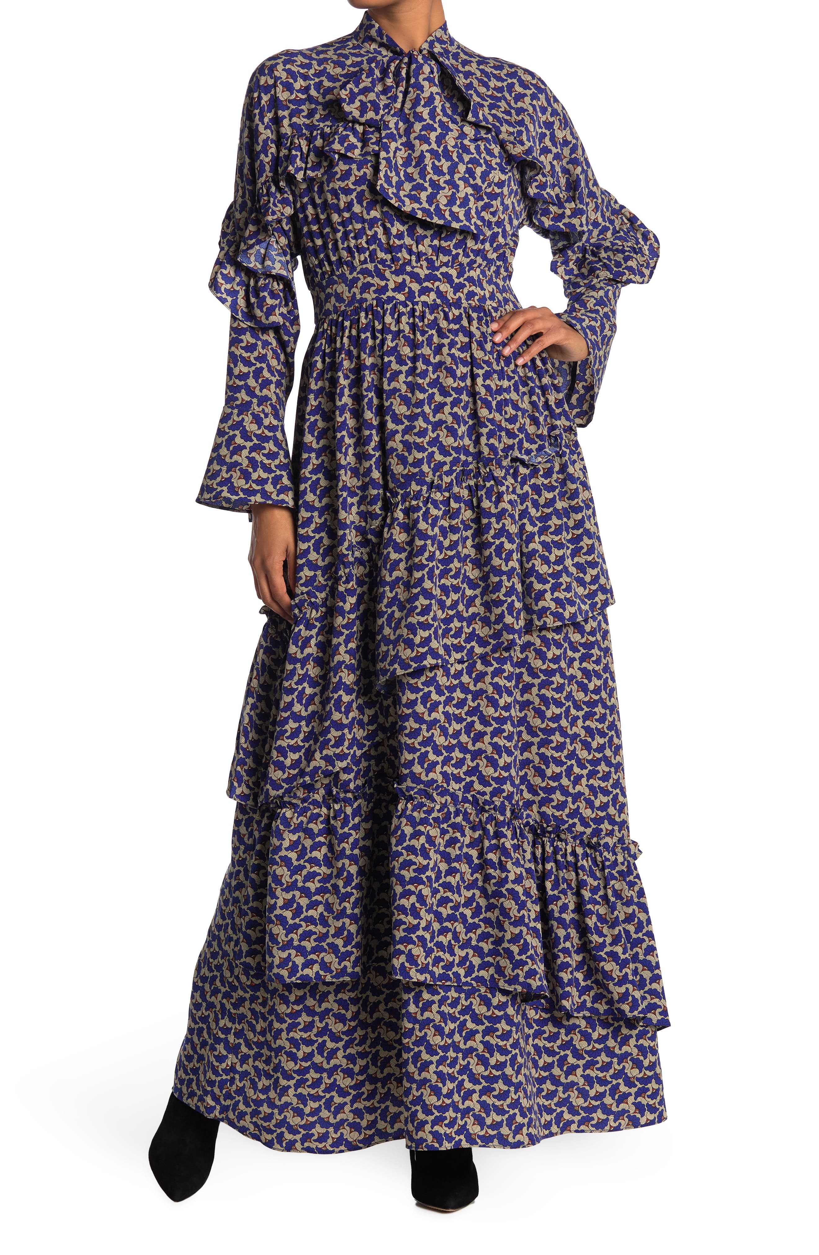 Tov Ruffle Printed Maxi Dress In Blue 