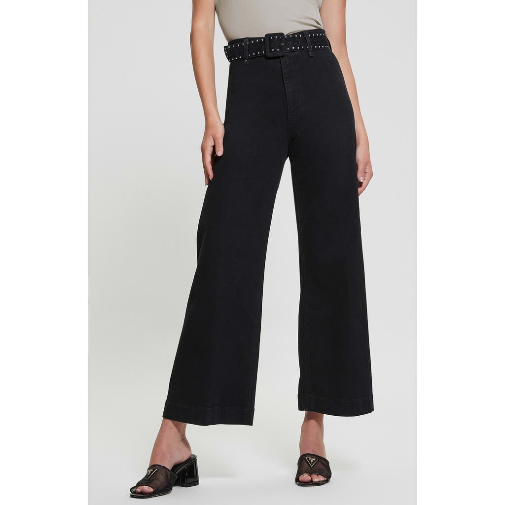Shop Guess Dakota High Waist Belted Crop Wide Leg Jeans In Deeper Black