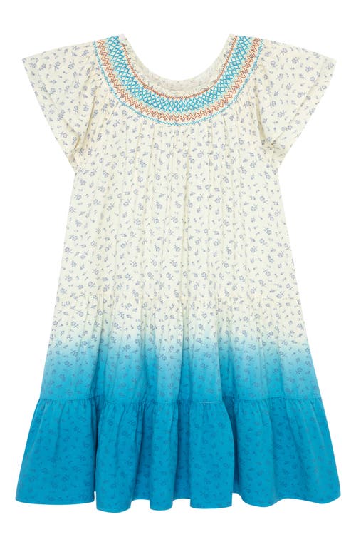 Peek Aren'T You Curious Kids' Floral Smocked Tiered Dip Dye Dress in Blue/Ivory Print