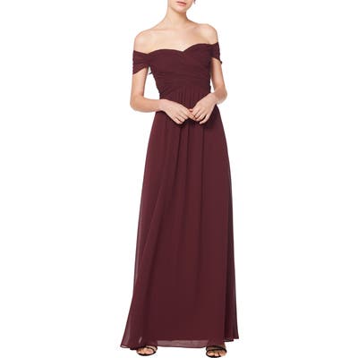 #levkoff Off The Shoulder Ruched Bodice Chiffon Evening Dress, Burgundy