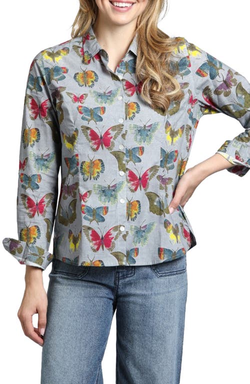 Apny Butterfly Print Poplin Button-up Shirt In Grey Multi