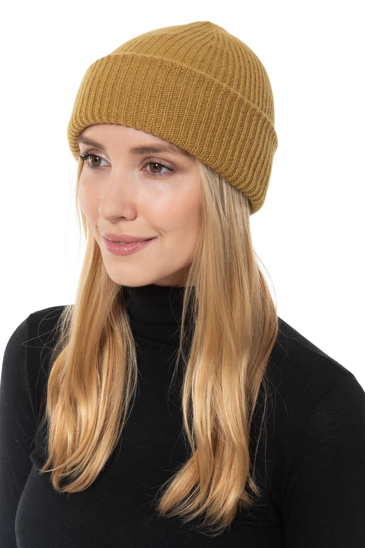 Amicale Cashmere Double Layer Rib Knit Hat In Gold