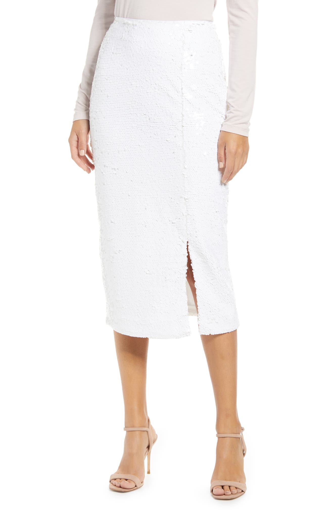 RACHEL PARCELL Sequin Pencil Skirt, Main, color, WHITE