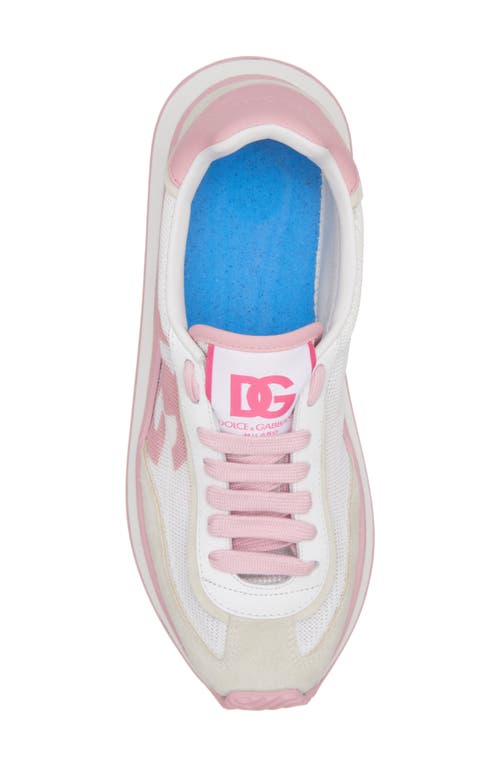 Dolce & Gabbana 'aria' Pink Running Sneakers With Logo Detail In Suede And Tech Fabric Woman In Bianco/rosa