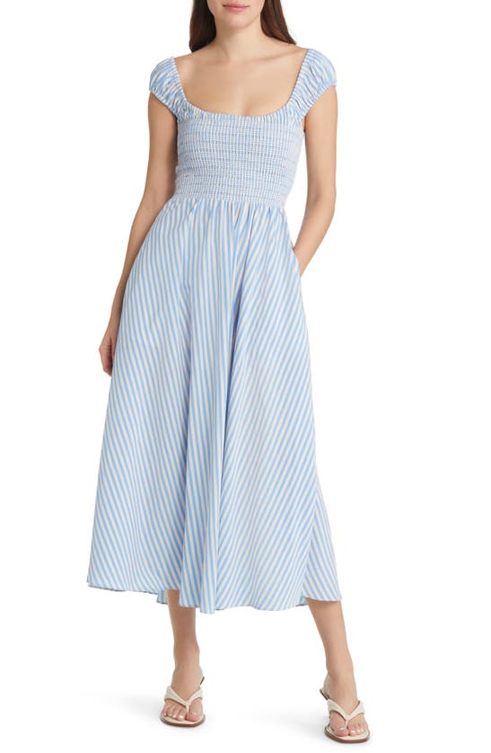 La Ligne Vivian Stripe Smocked A-line Dress In Cream Cornflower