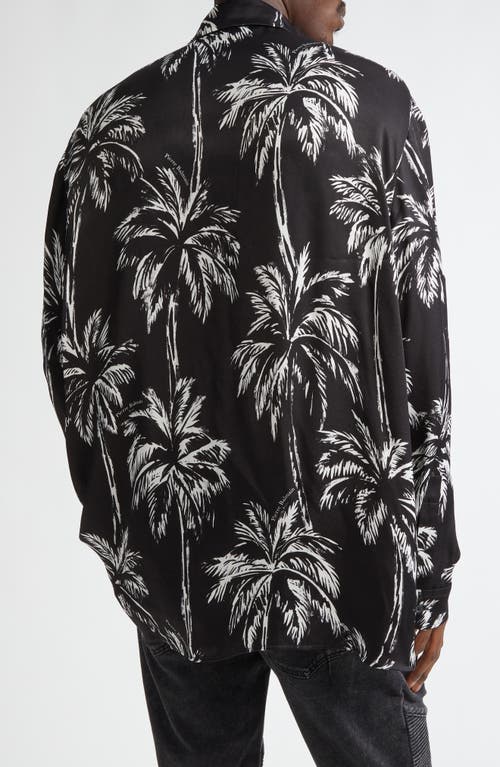 Shop Balmain Palm Print Satin Button-up Shirt In Black/white