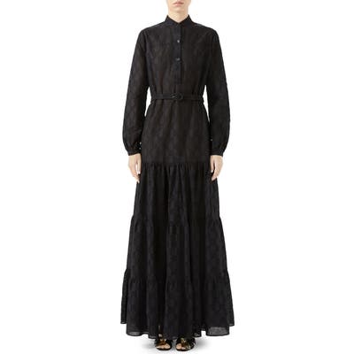 Gucci Micro Gg Broderie Anglaise Long Sleeve Maxi Dress, US / 44 IT - Black